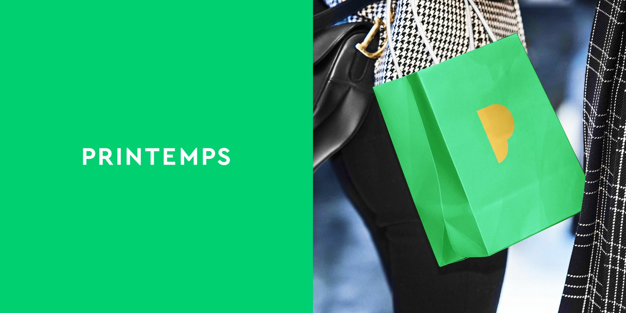 Printemps wordmark beside a green shopping bag with a yellow P logo