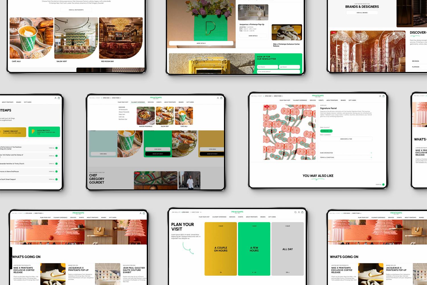 Grid of tablets displaying different Printemps website pages