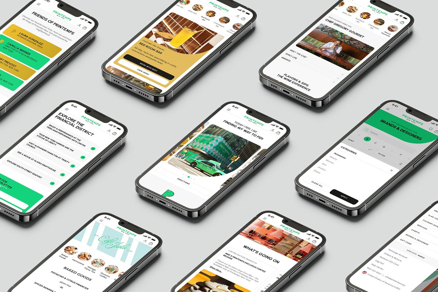 Grid of smartphones displaying different Printemps mobile website pages