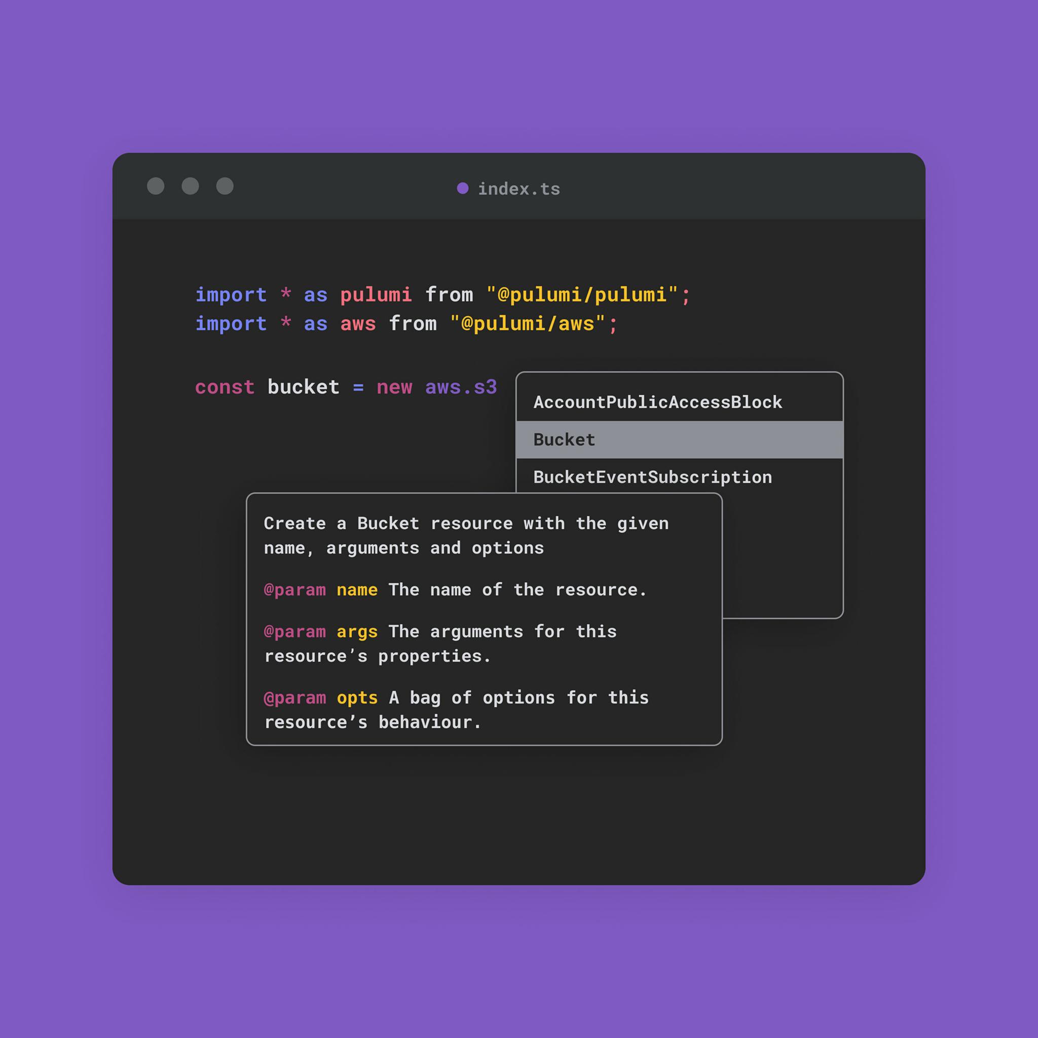 Code editor showing TypeScript with AWS S3 autocomplete and documentation tooltip on a purple background