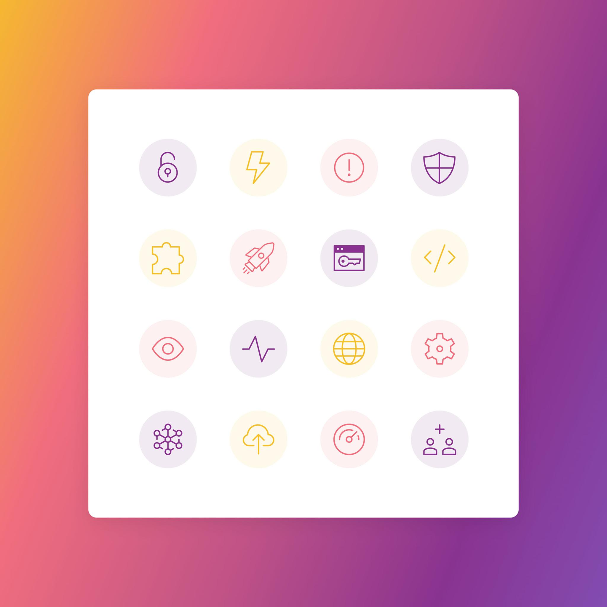 Grid of colorful line icons on a white card over a pink-orange-purple gradient background