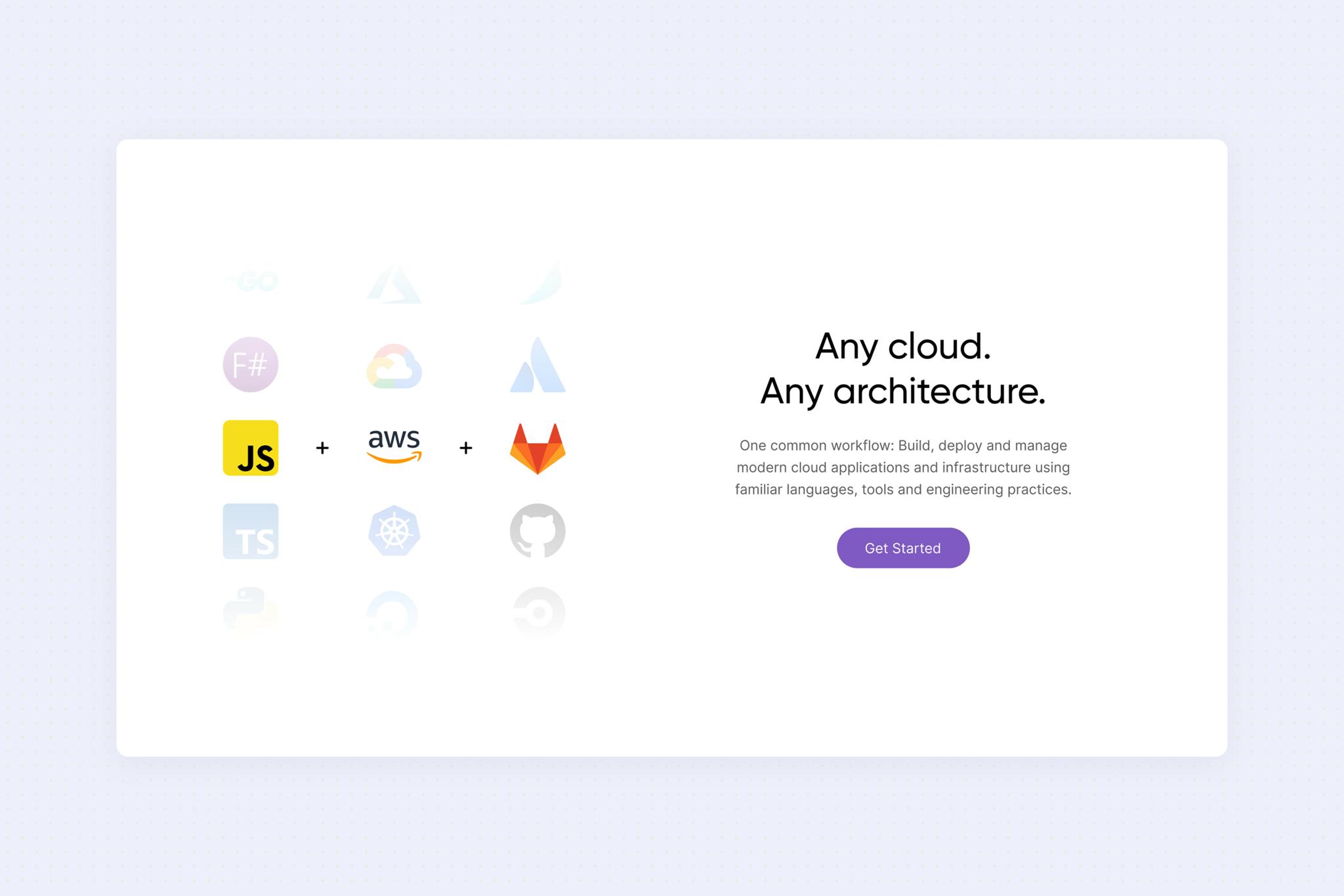 Cloud platform landing page with tech logos and "Any cloud. Any architecture." call-to-action