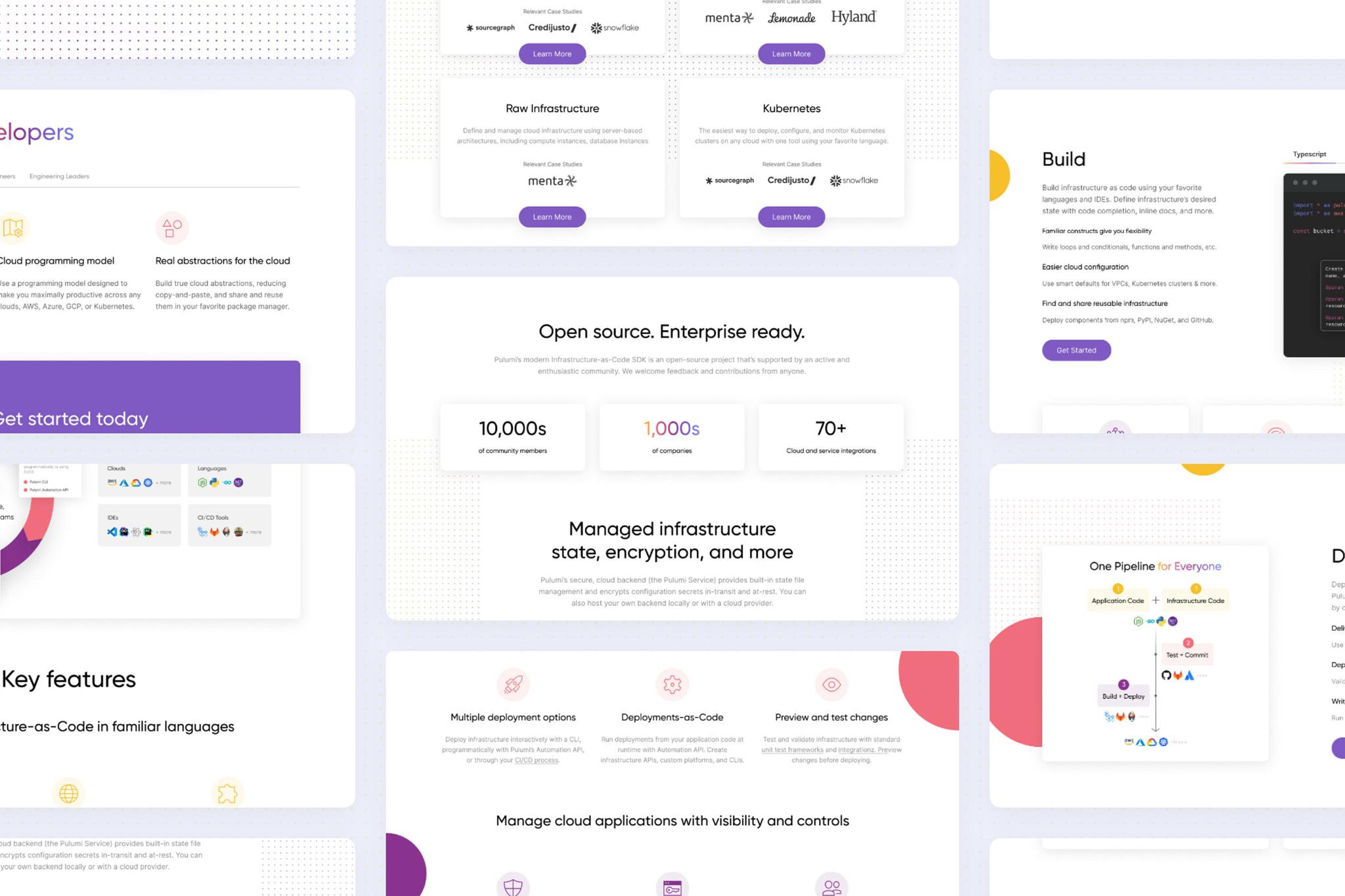 Collage of clean website sections with cards, statistics, and purple accent buttons