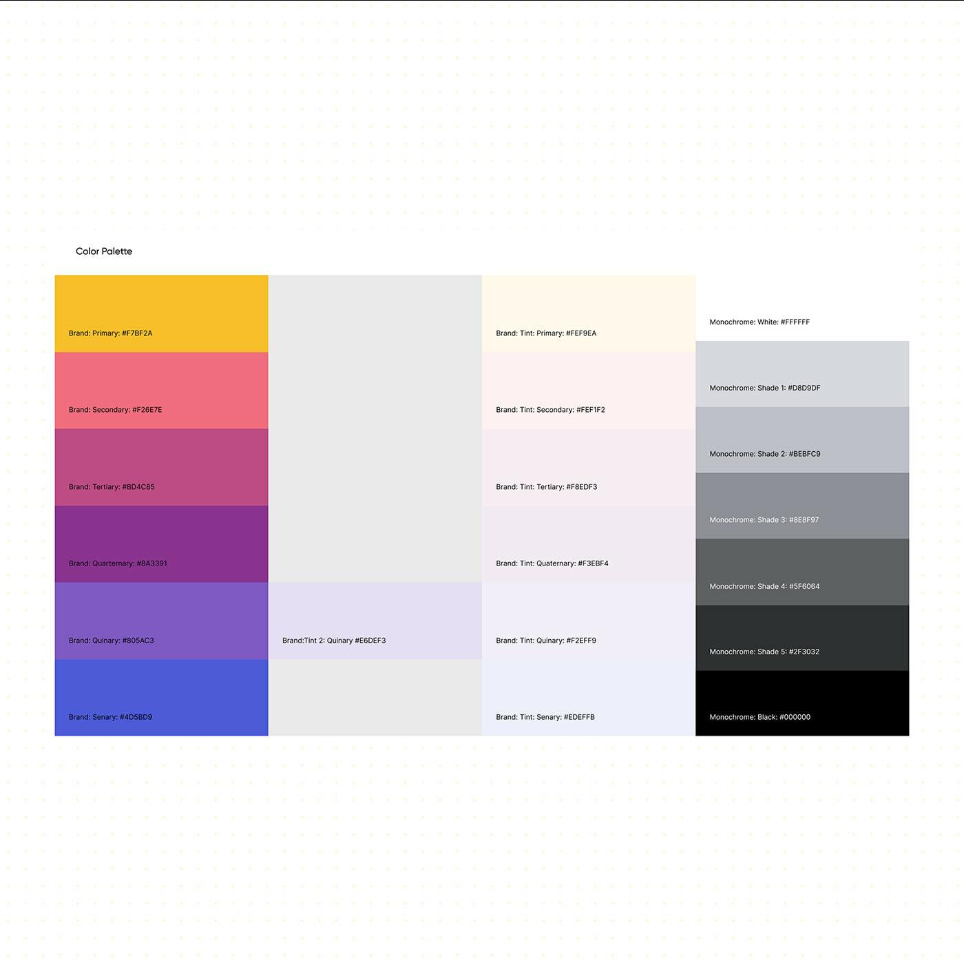 Brand color palette with primary, secondary, tertiary, and monochrome swatches