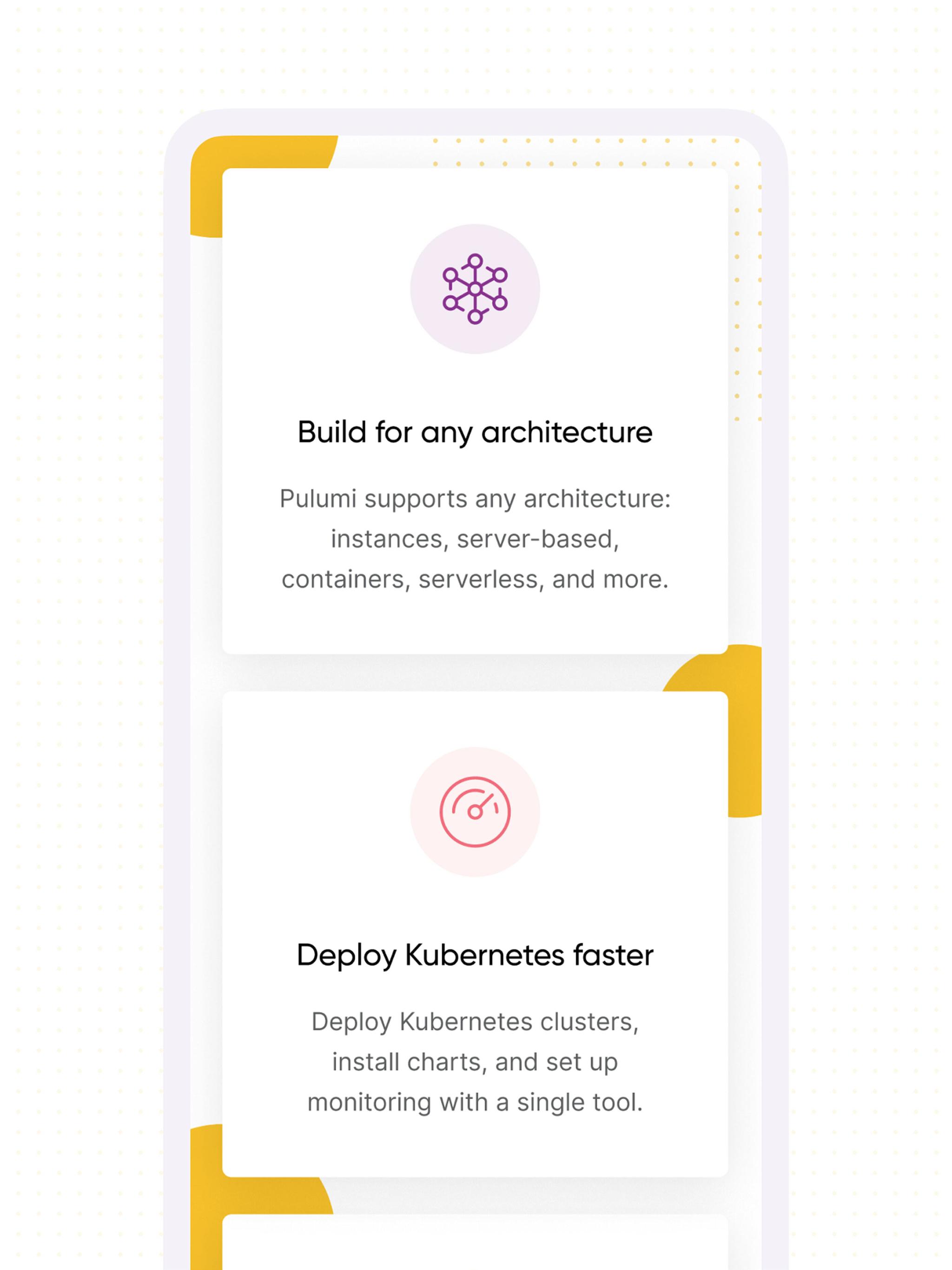 Two feature cards about building for any architecture and deploying Kubernetes faster