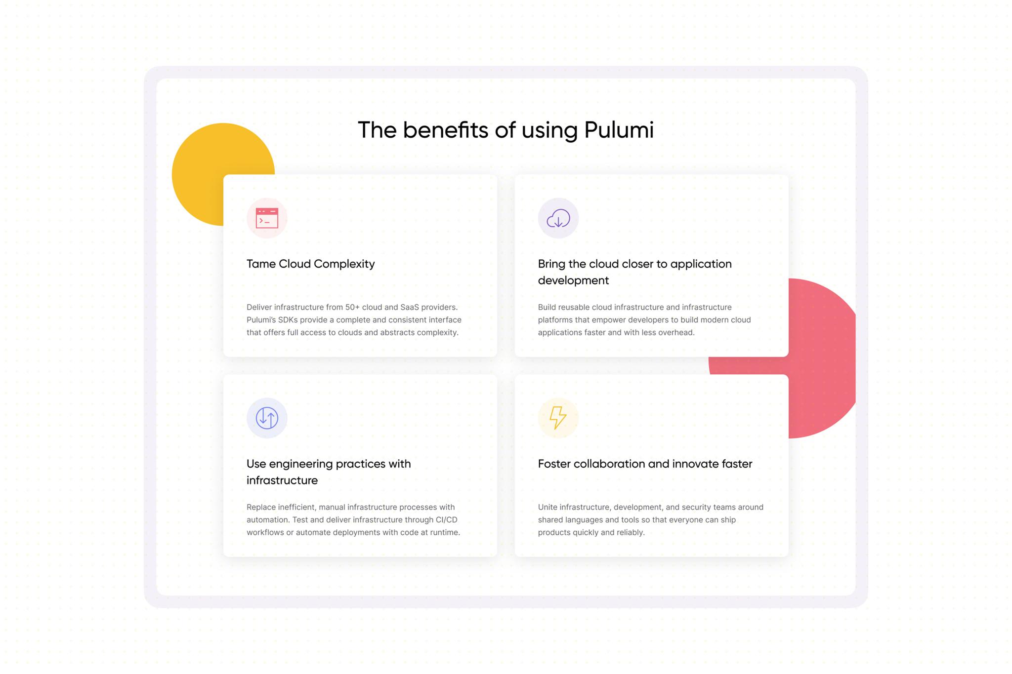 Slide titled "The benefits of using Pulumi" with four feature cards and colorful abstract shapes