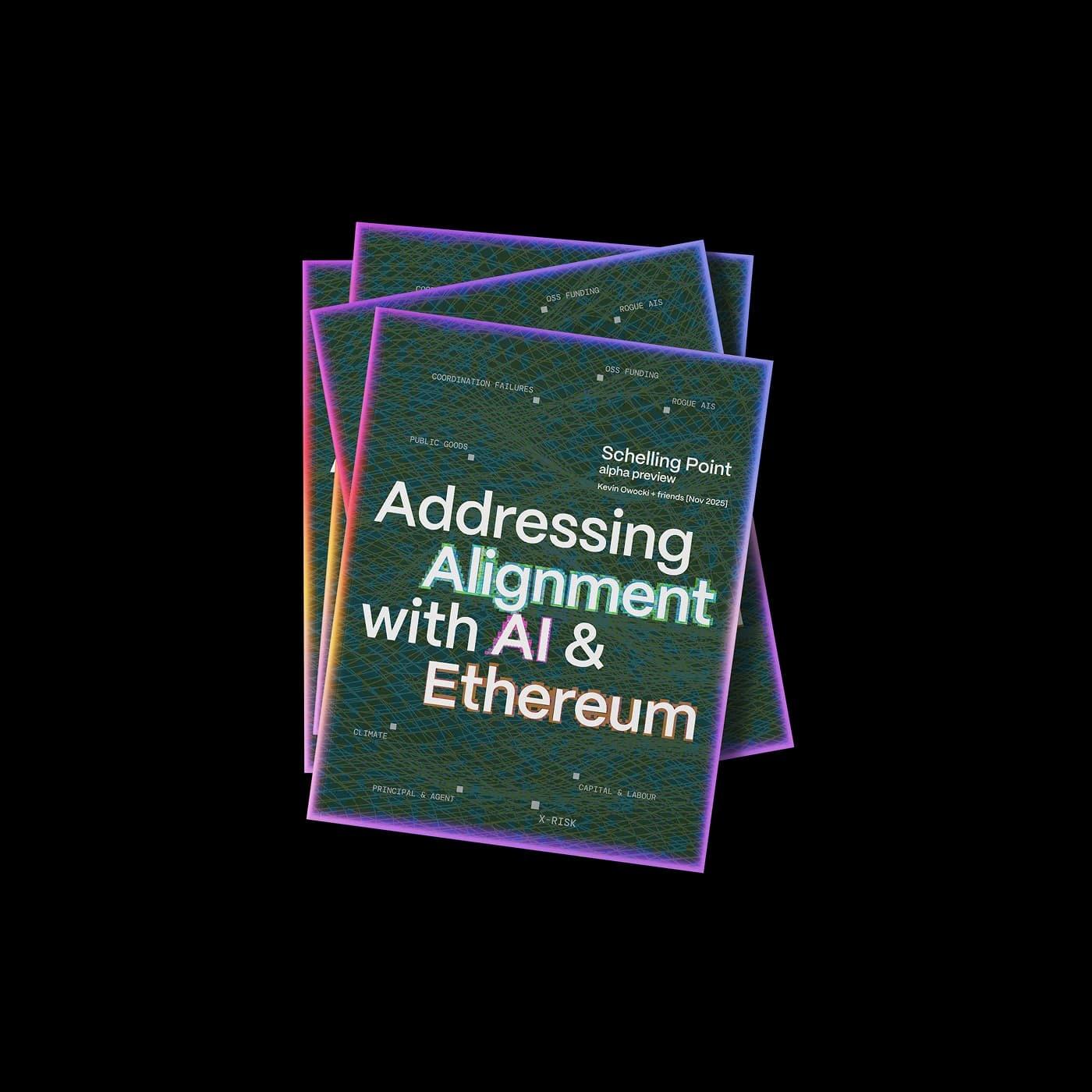 Layered booklet covers titled "Addressing Alignment with AI & Ethereum"