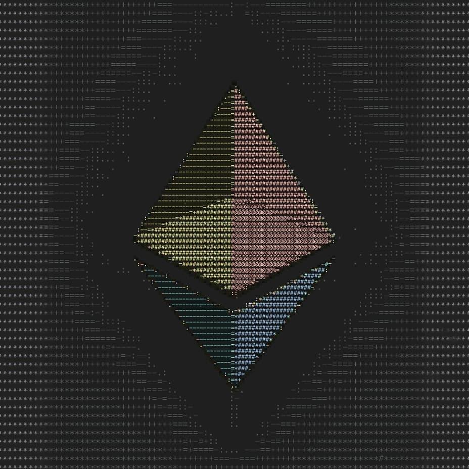 Large ASCII-style Ethereum logo on a dark patterned background