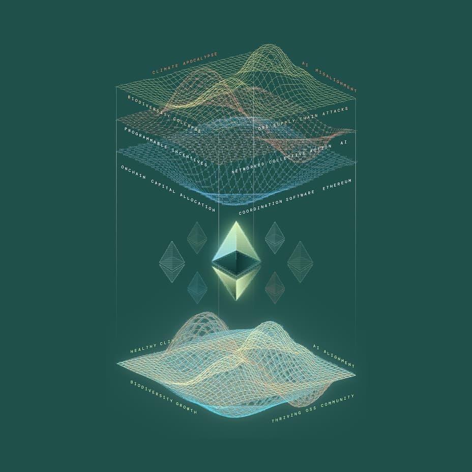 Wireframe landscapes and Ethereum symbol on a dark green background