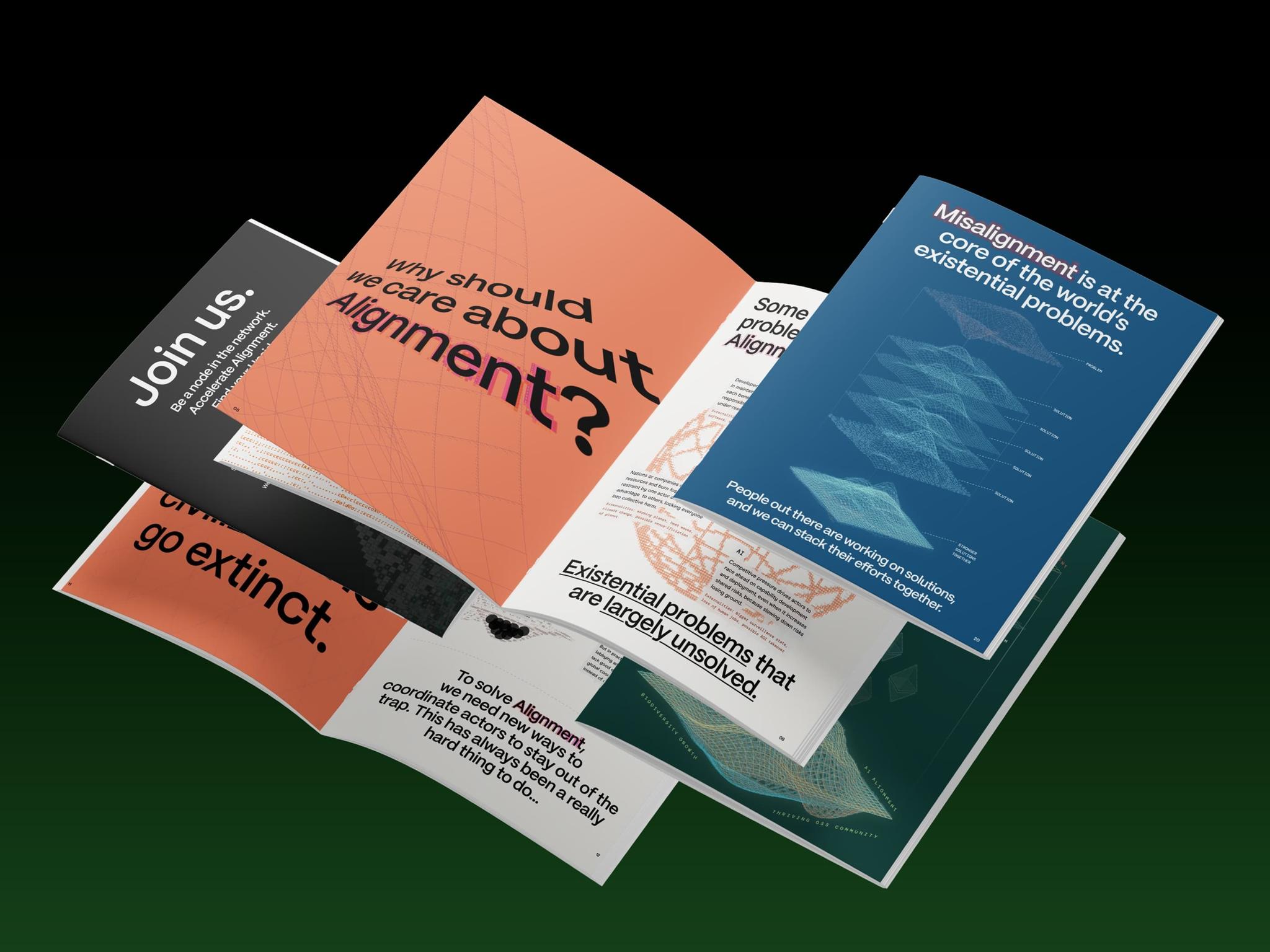 Overlapping printed pamphlets with headings about alignment and existential problems