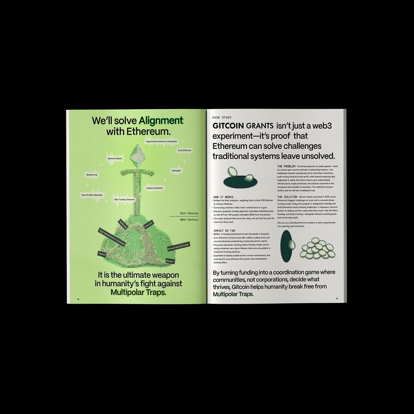 Open book spread with green alignment graphic and Gitcoin Grants case study