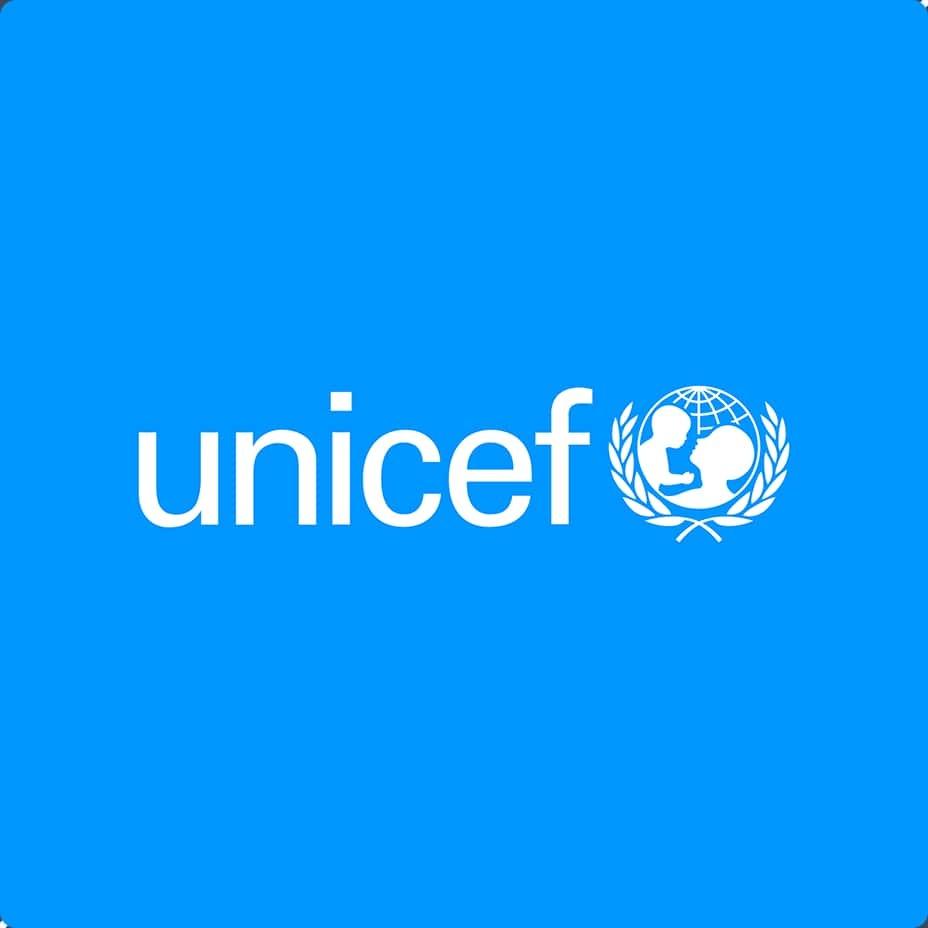 UNICEF logo in white on a blue background.