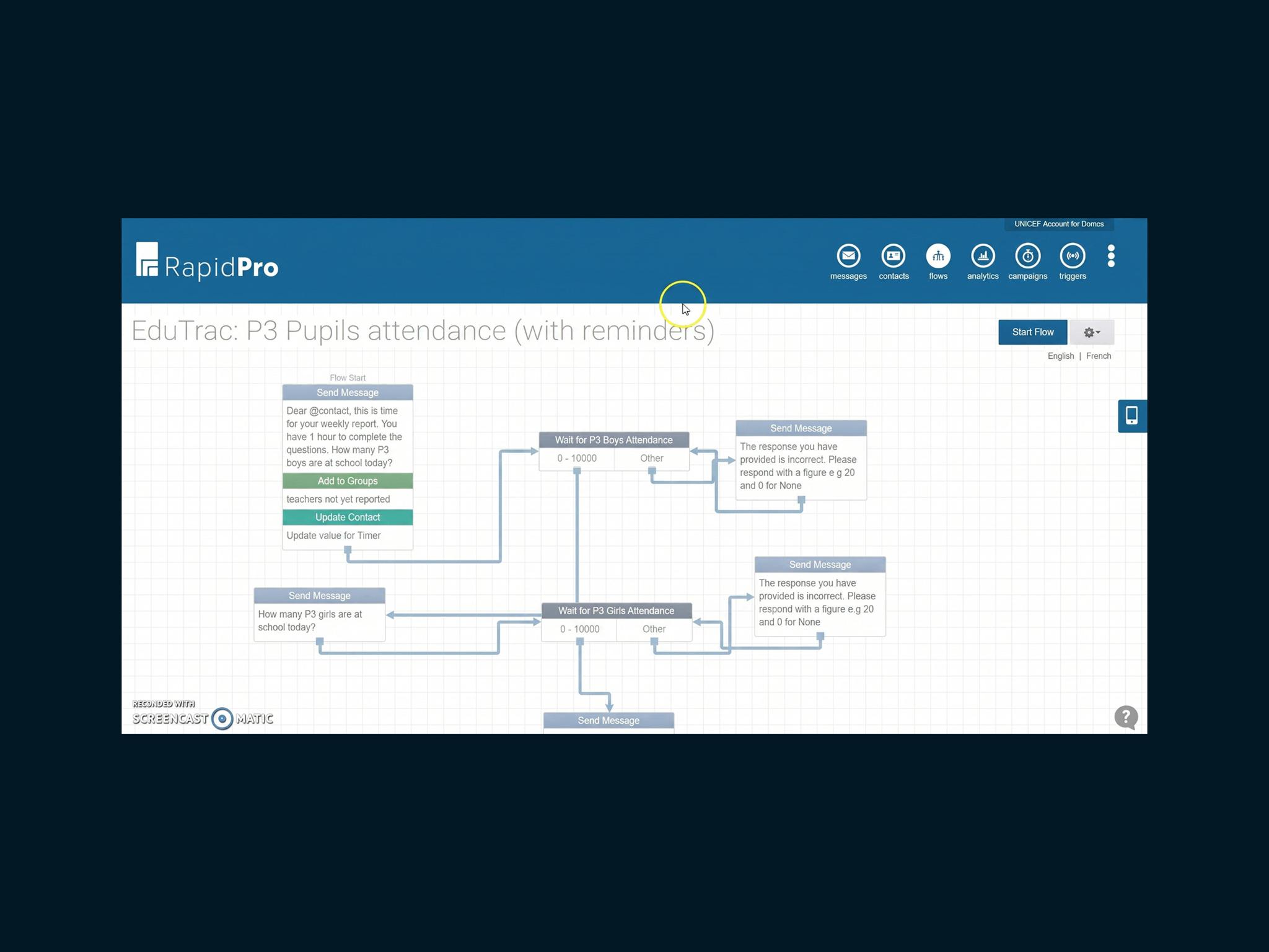 RapidPro flow builder screen for pupil attendance messages.
