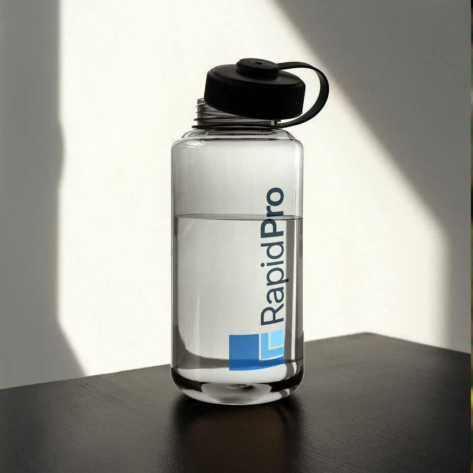 Clear RapidPro water bottle on a dark table.