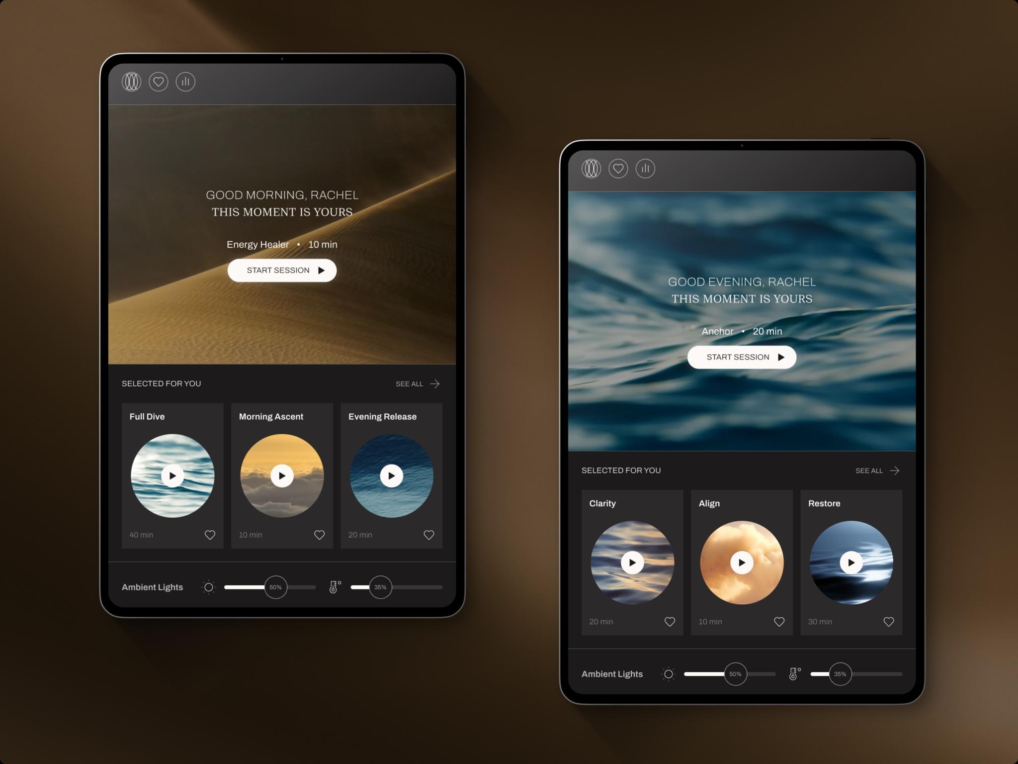 Two device screens showing a dark operating system interface.