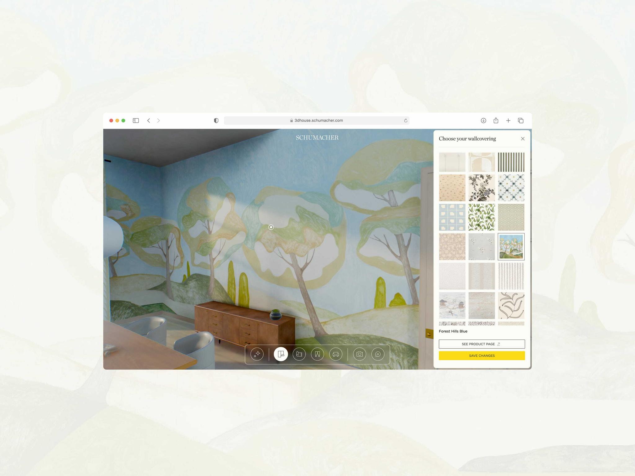 Schumacher configurator showing mural wall and fabric selection panel