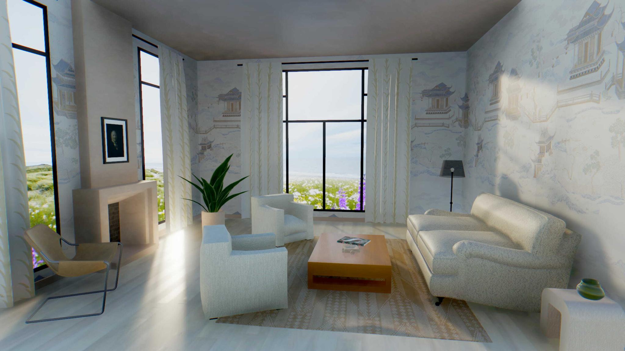 Rendered living room with mural walls, white seating, coffee table, and large windows
