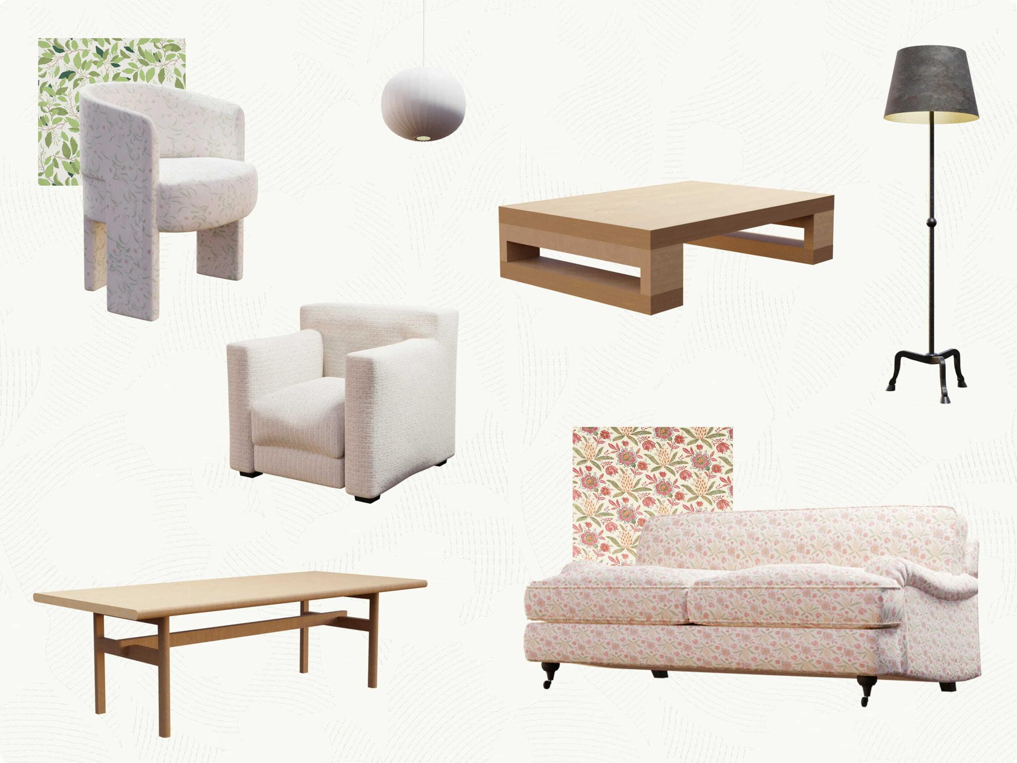 Furniture and lighting collage with chairs, tables, sofa, and fabric swatches