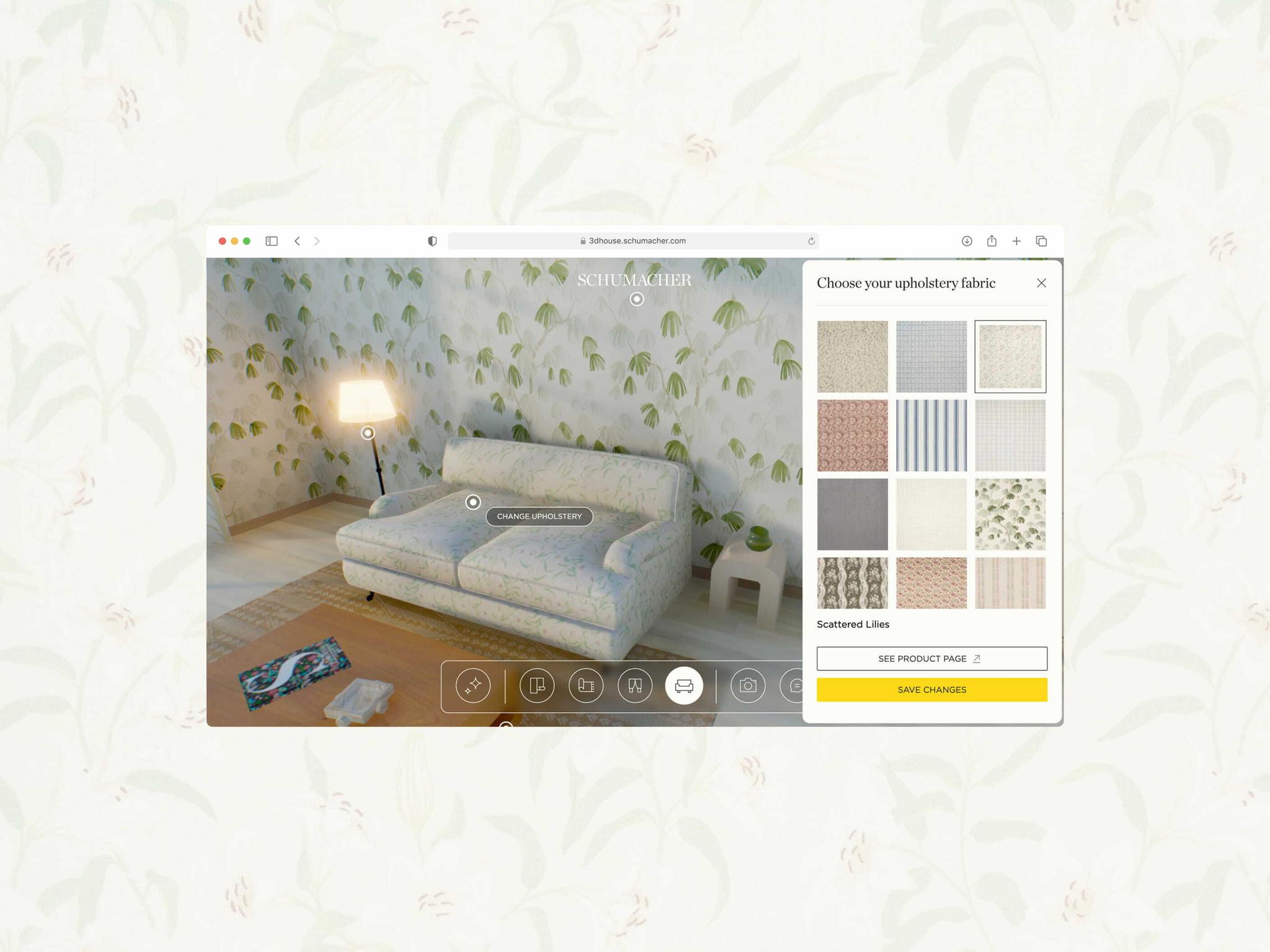 Room visualizer showing a sofa, leafy wallpaper, and fabric swatches