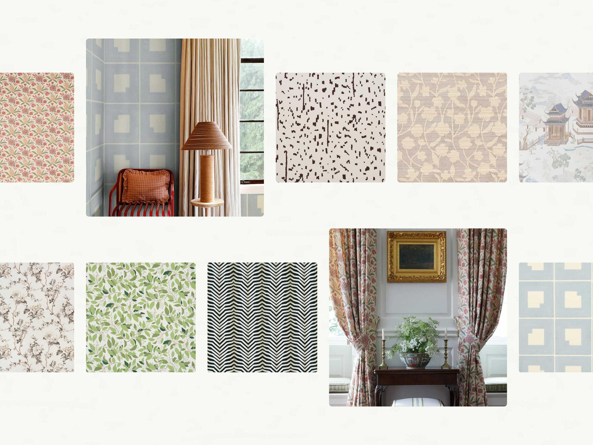 Horizontal collage of fabric swatches and interior design scenes