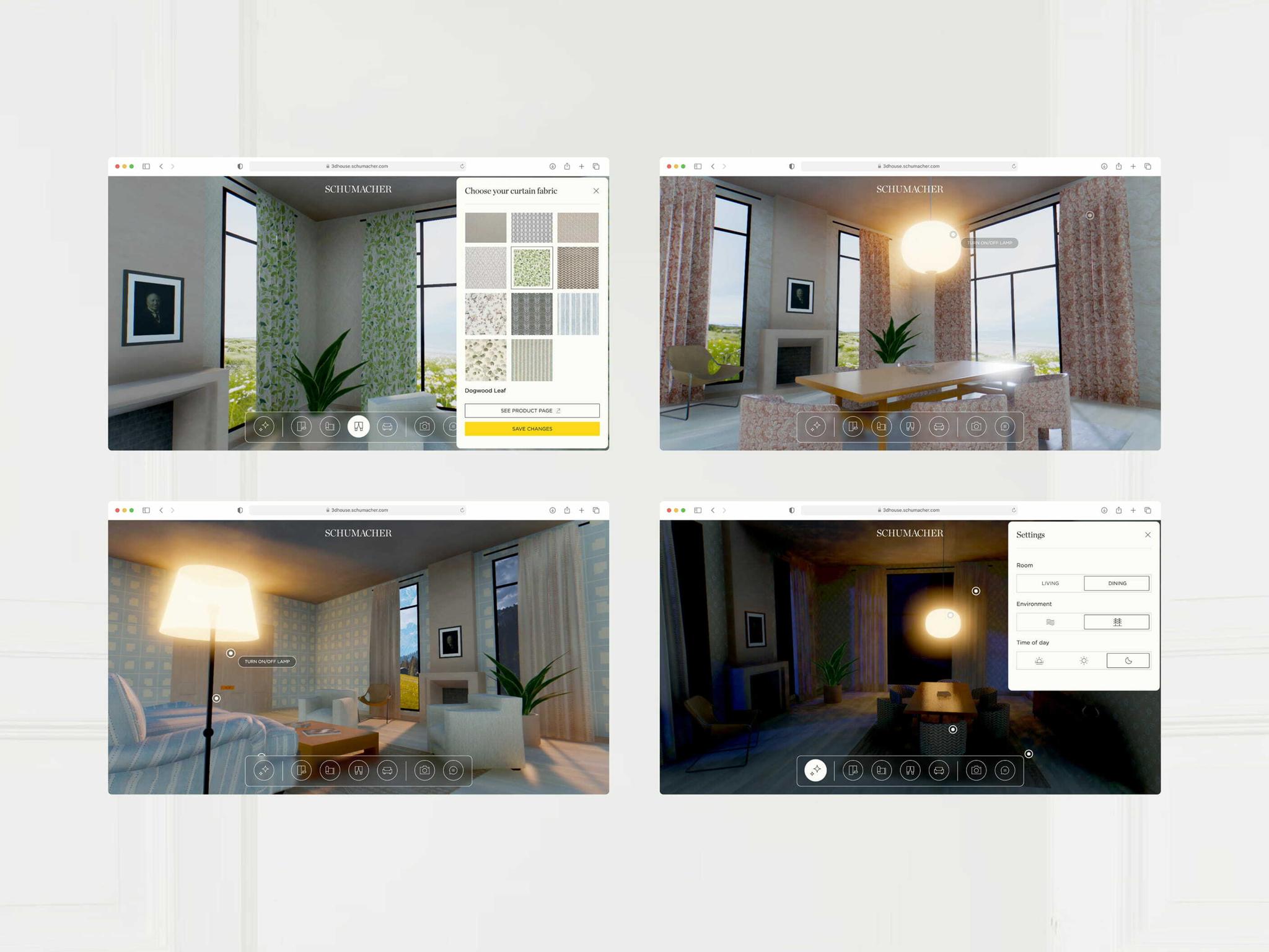 Four Schumacher interior configurator screens arranged in a grid