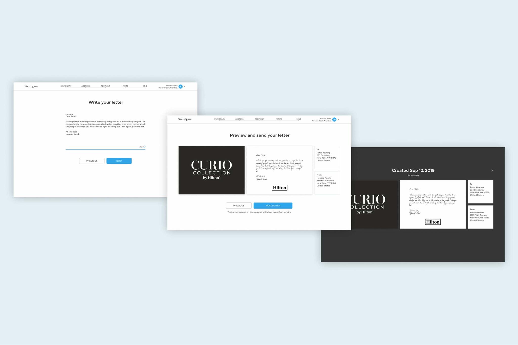 Three web interface screens for writing, previewing, and sending a letter