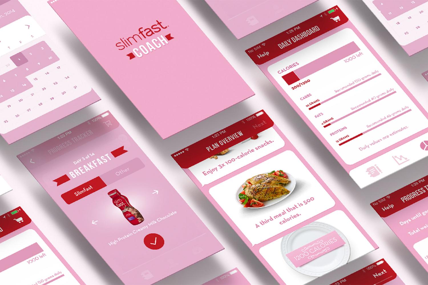 Pink SlimFast Coach mobile app screens showing meal plans, breakfast tracking, and health dashboard mockups