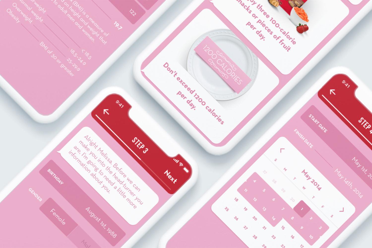 Pink-themed mobile app screens showing health tracking and calendar features