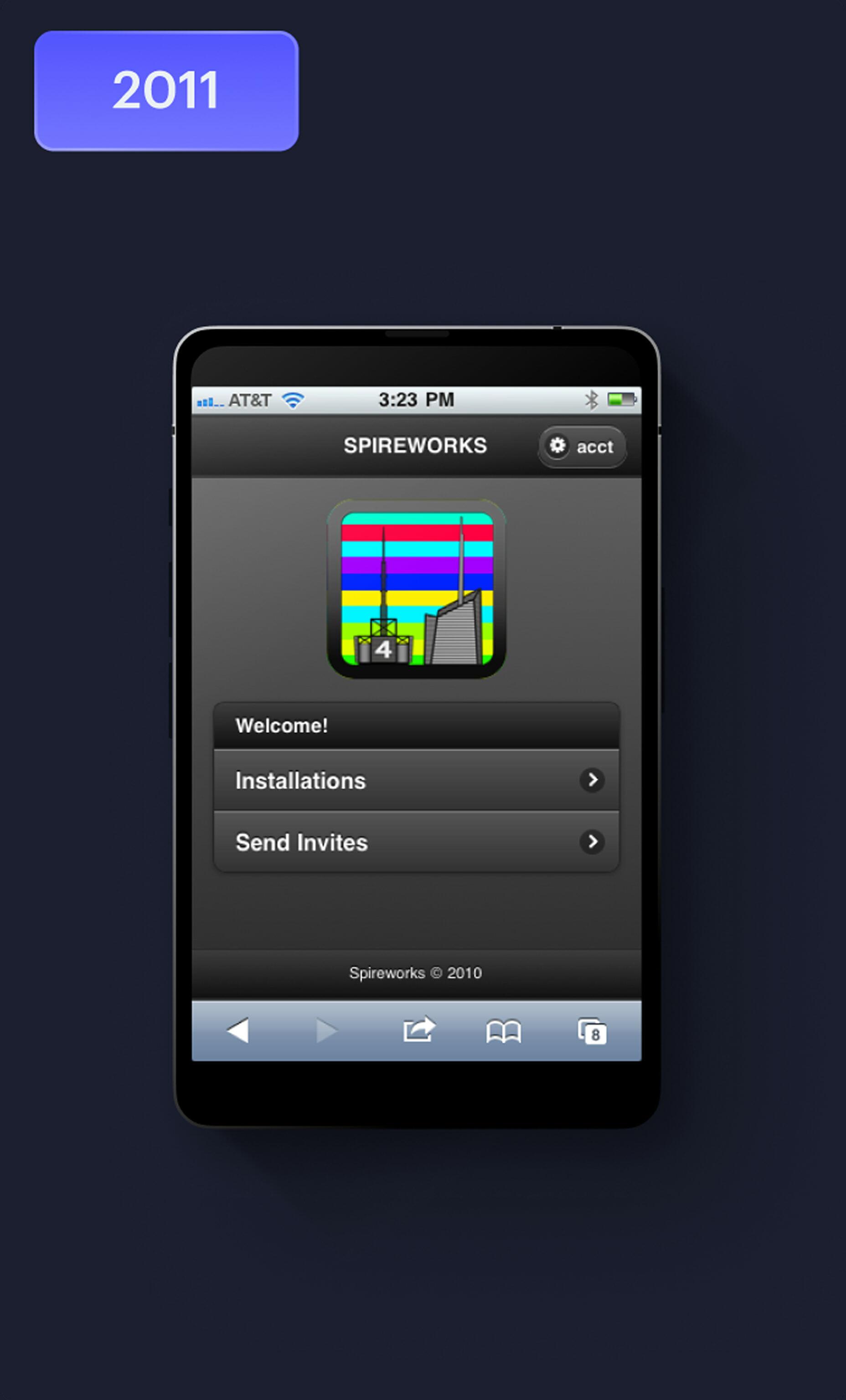 2011 Spireworks web app screen with menu options for installations and invites
