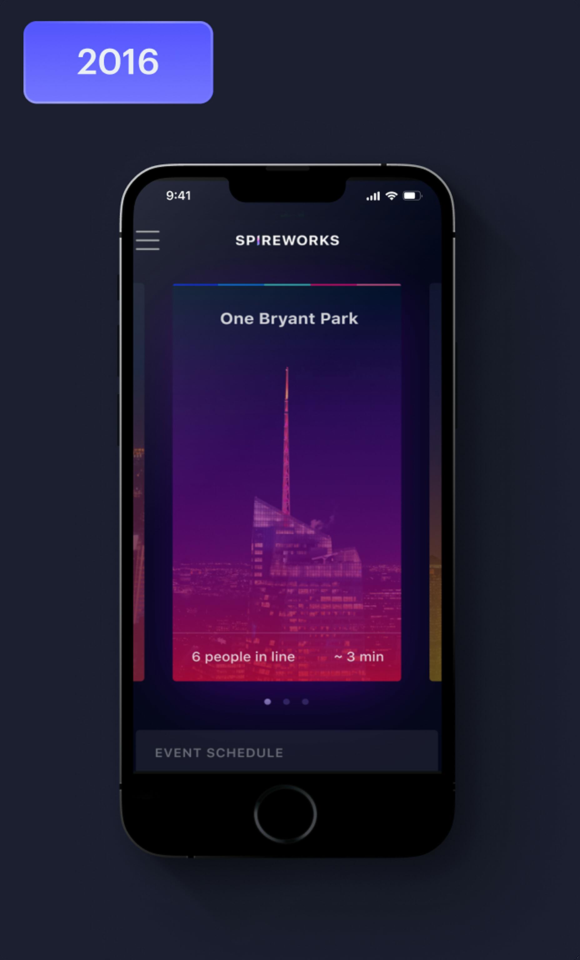 2016 Spireworks app screen showing One Bryant Park queue and event schedule