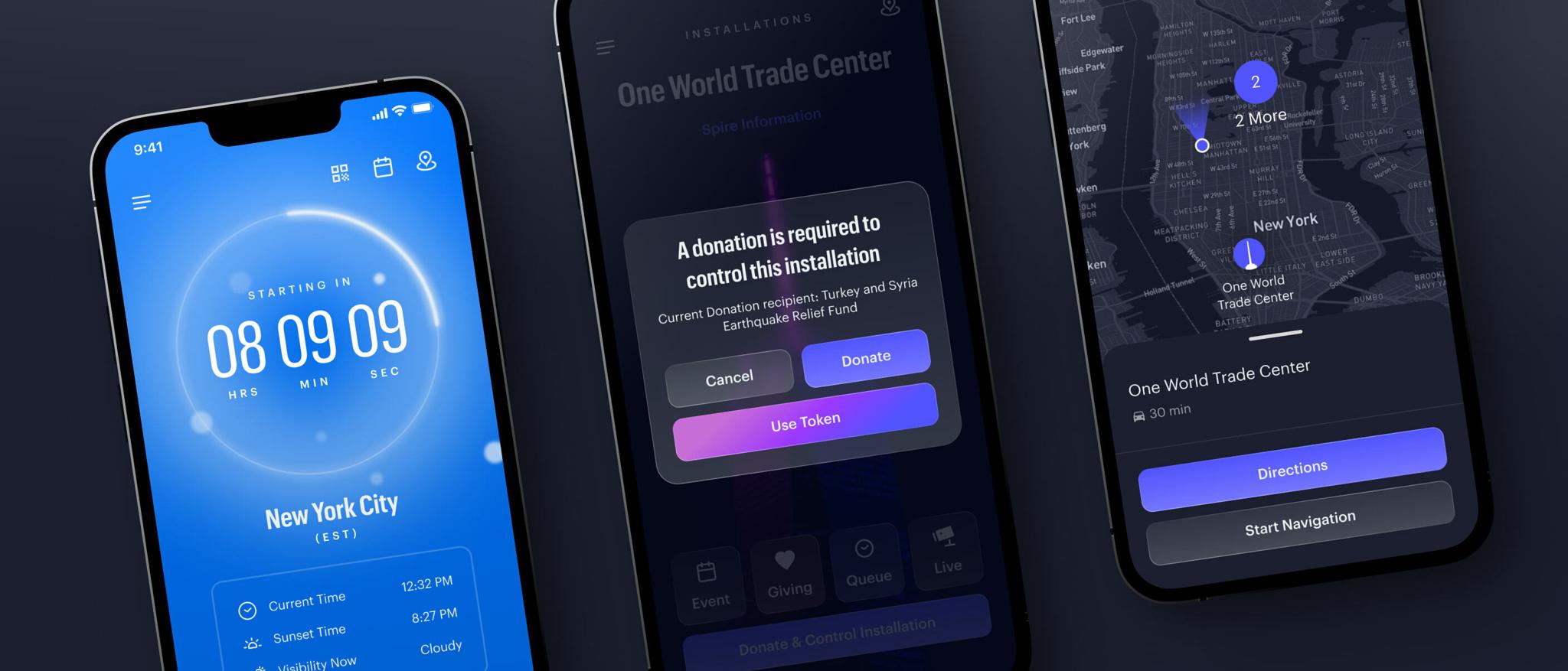 Three smartphone screens showing a lighting control app with timer, donation prompt, and map views