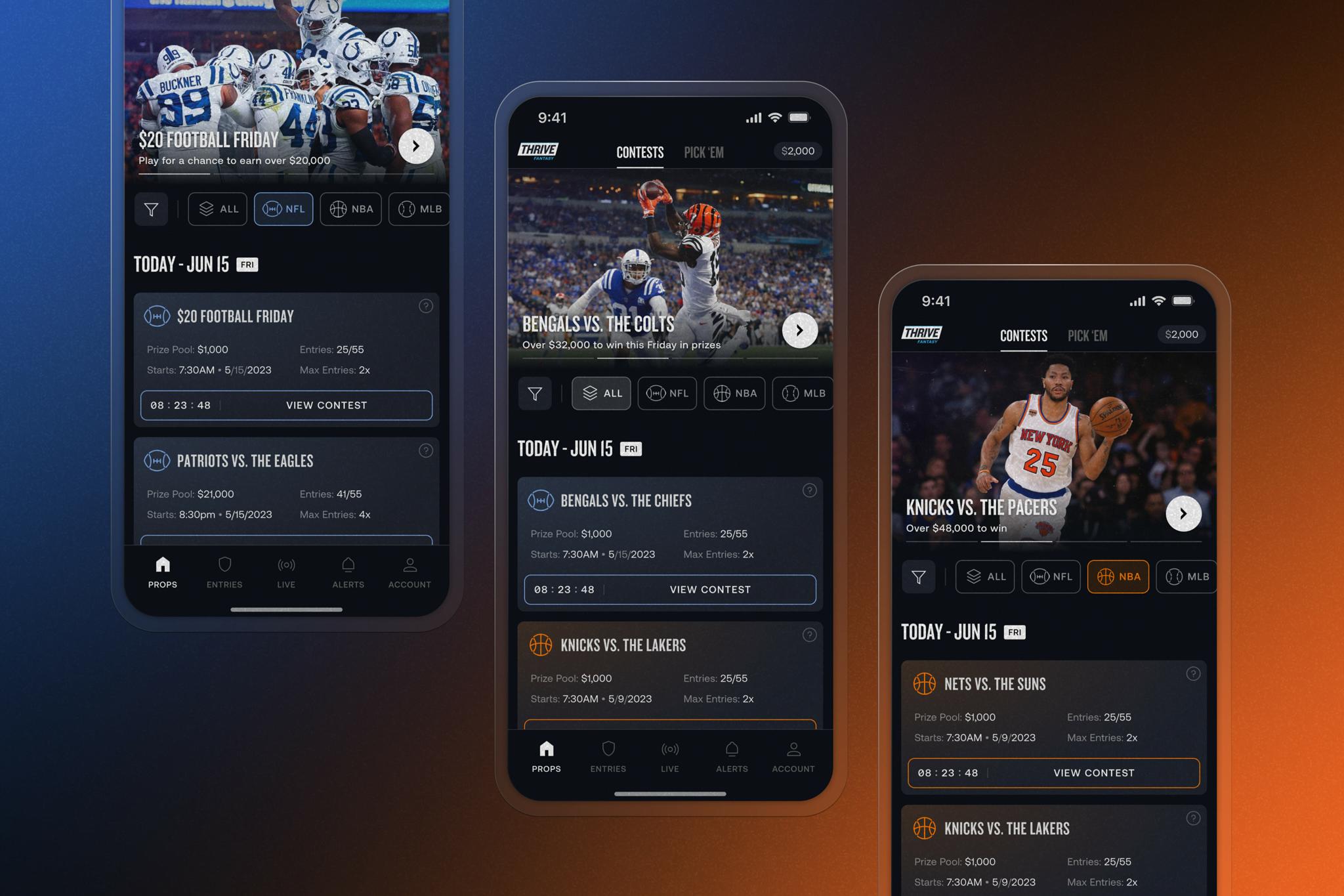 Three mobile sports app contest screens featuring football and basketball matchups