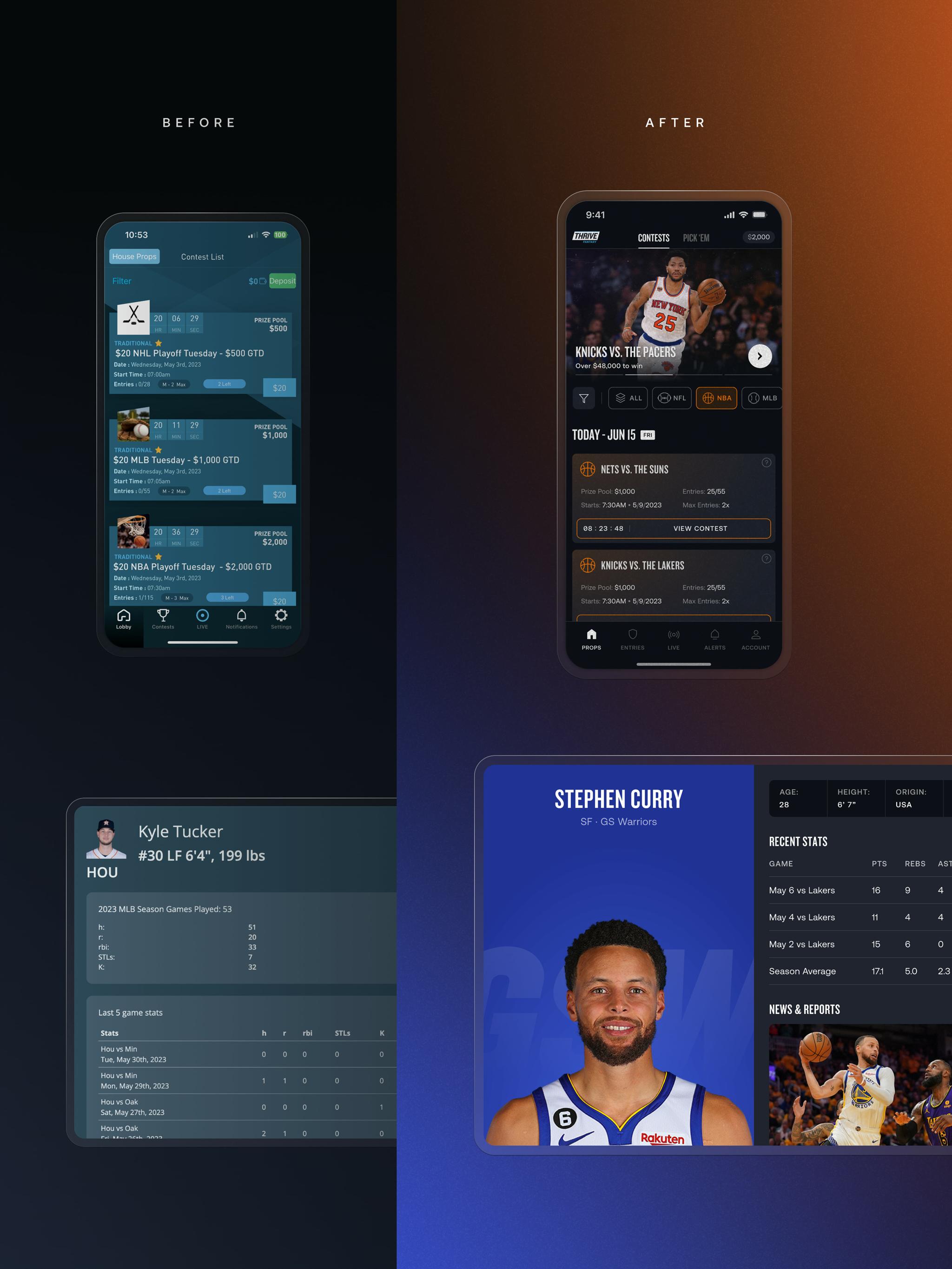 Split before and after view of sports app redesign with mobile screens and player profile panels