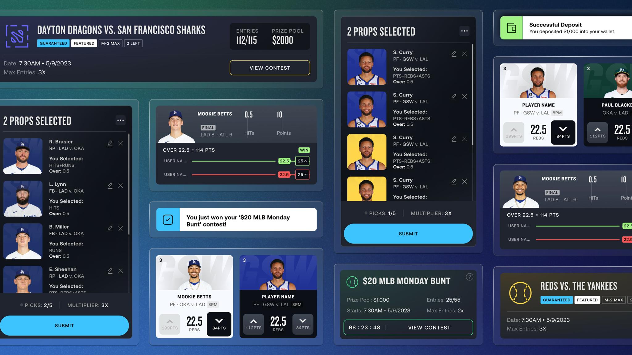 Wide collage of sports betting app screens with prop picks, contests, deposits, and player cards