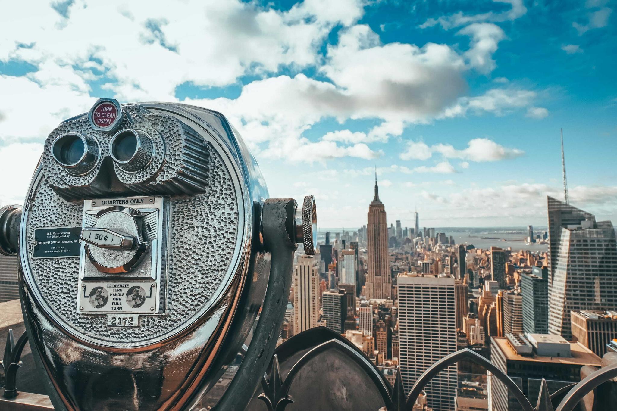 Coin-operated viewer overlooking the New York City skyline.