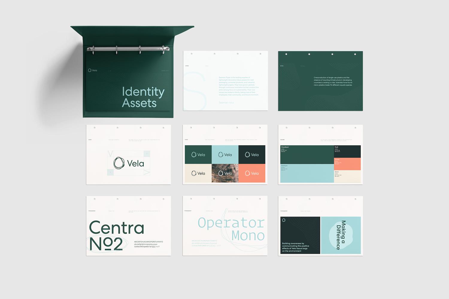 Vela brand identity boards arranged with logo, colors, and typography