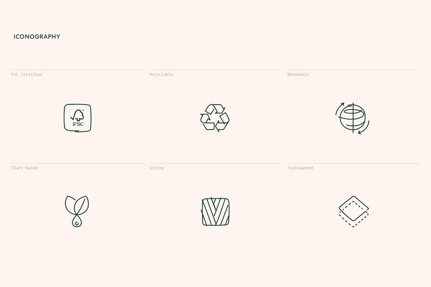 Minimal iconography layout showing six sustainability-related line icons