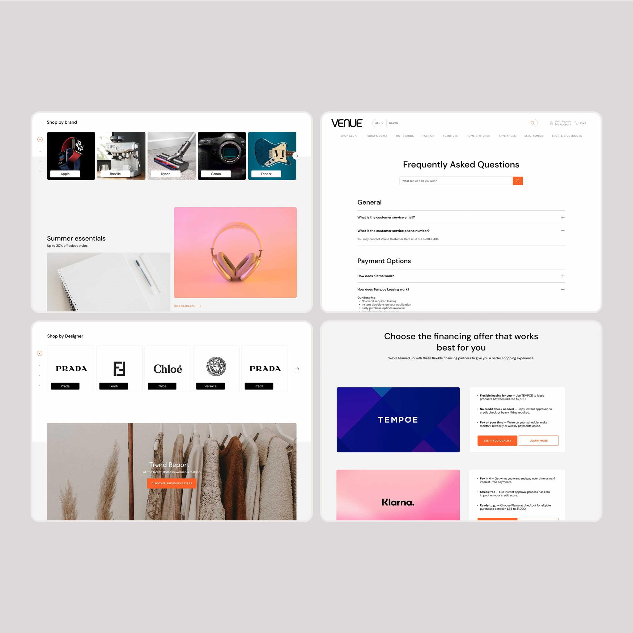 Ecommerce mockup set showing brand tiles, FAQ page, and financing options