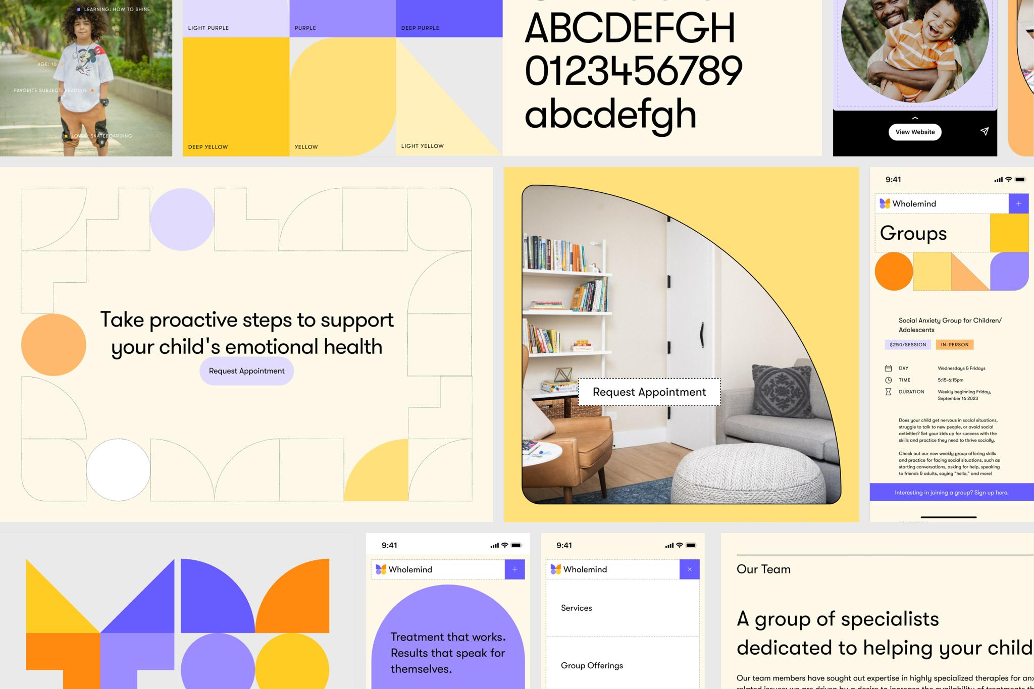 Mental health brand mood board with typography, colors, app screens, and therapy room visuals