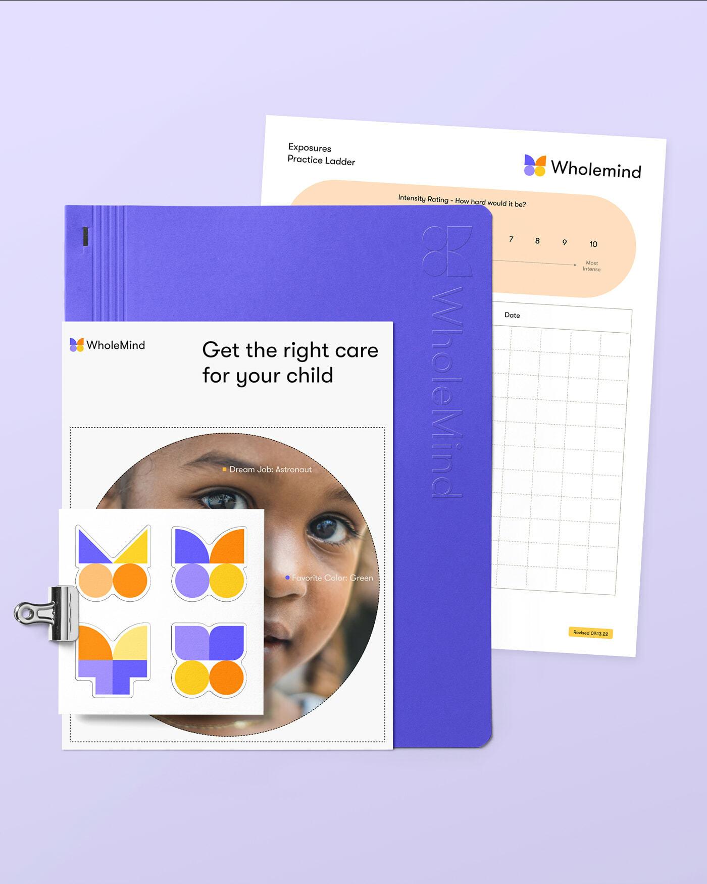 WholeMind child care brochure, purple folder, worksheet, and butterfly logo stickers