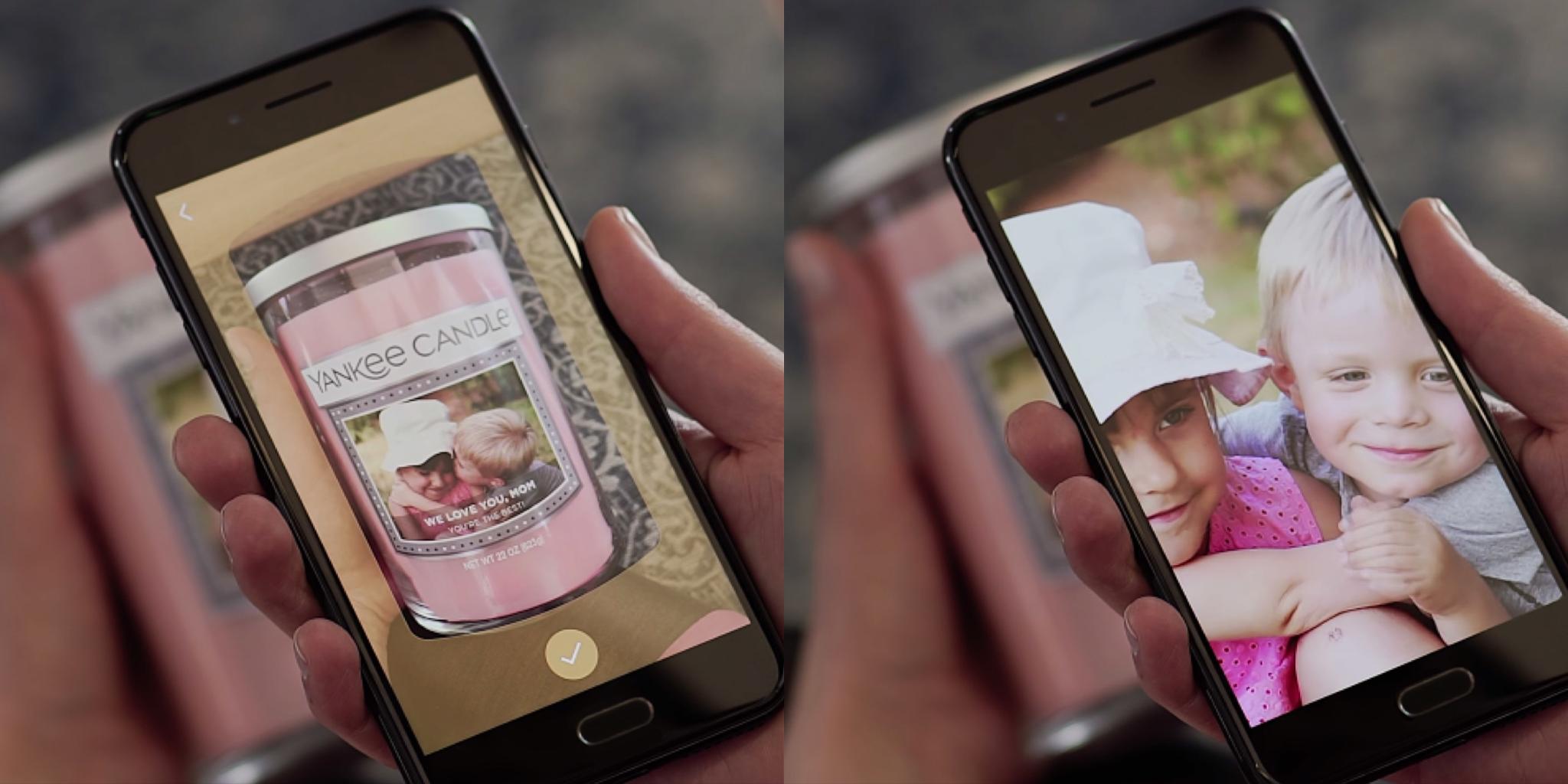 Two phones showing a custom candle label and the child photo used on it