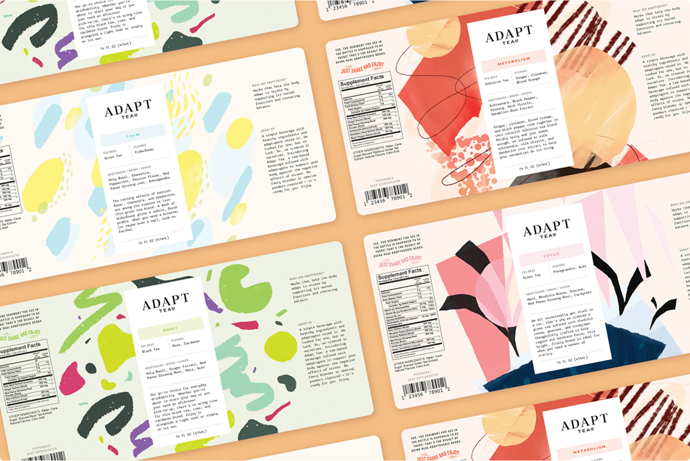 Assorted Adapt Tea label designs with abstract patterns arranged in rows