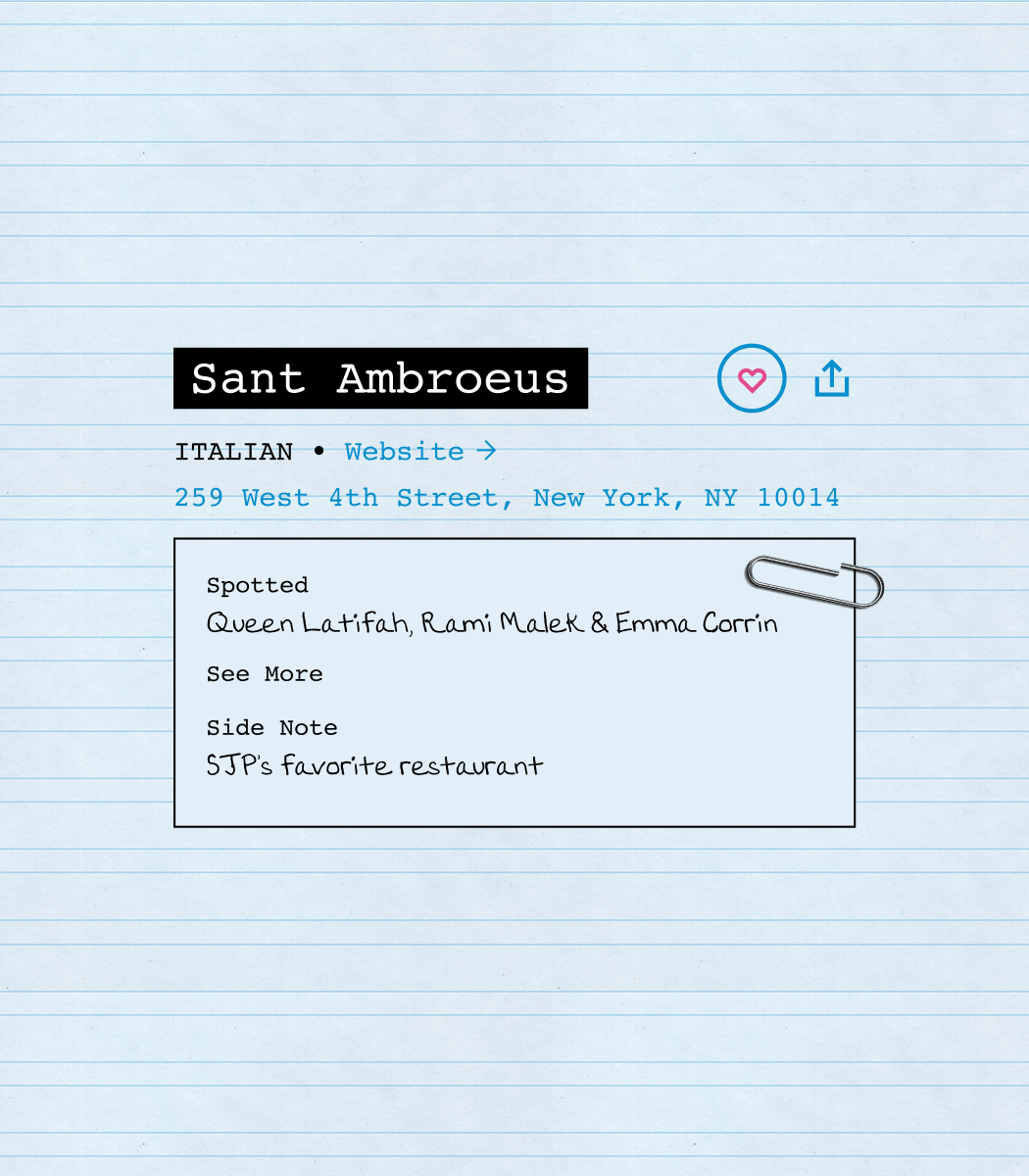 Sant Ambroeus listing card with address, favorite icon, and notes
