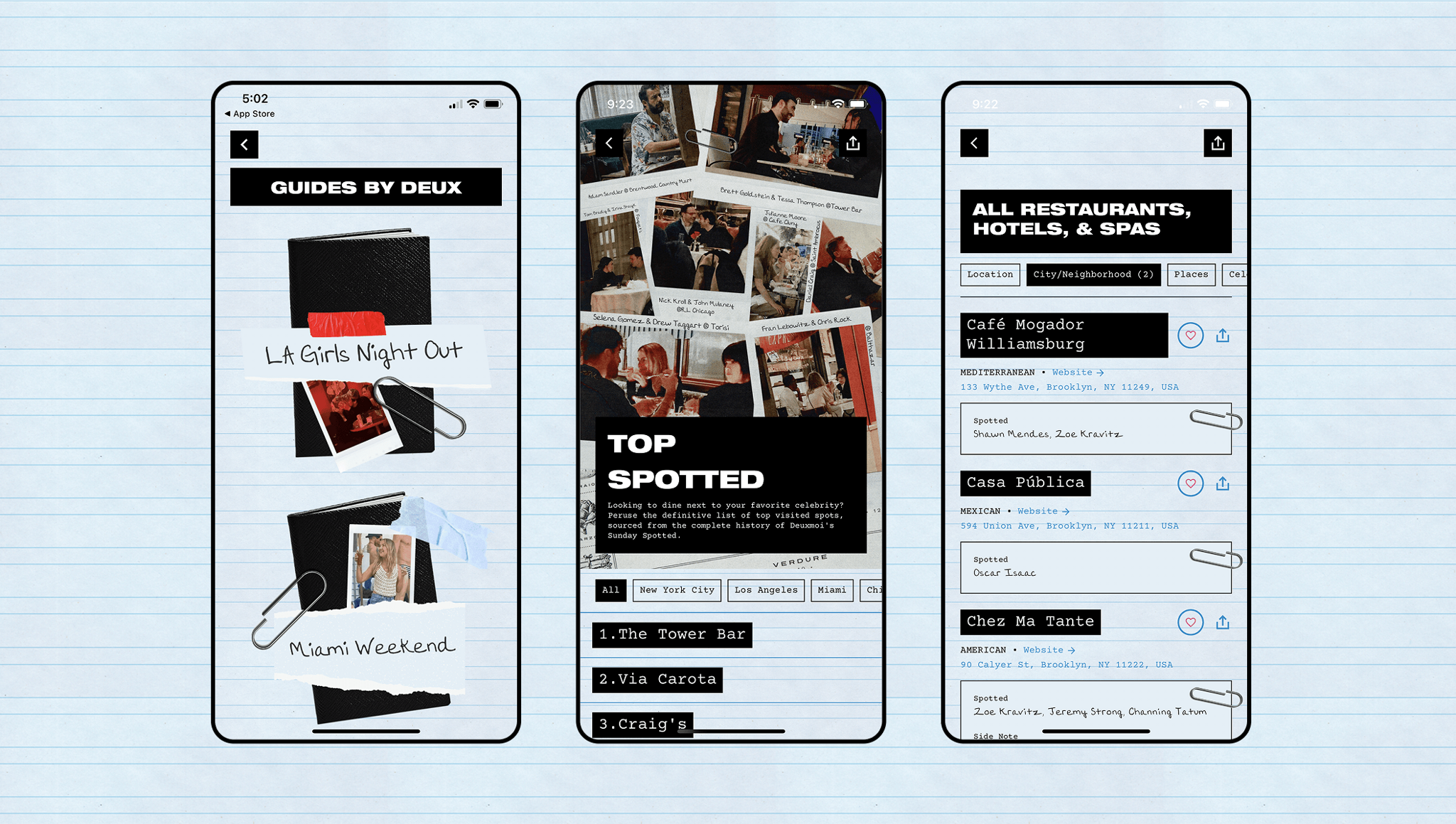 Three phone mockups showing Deuxmoi World app screens