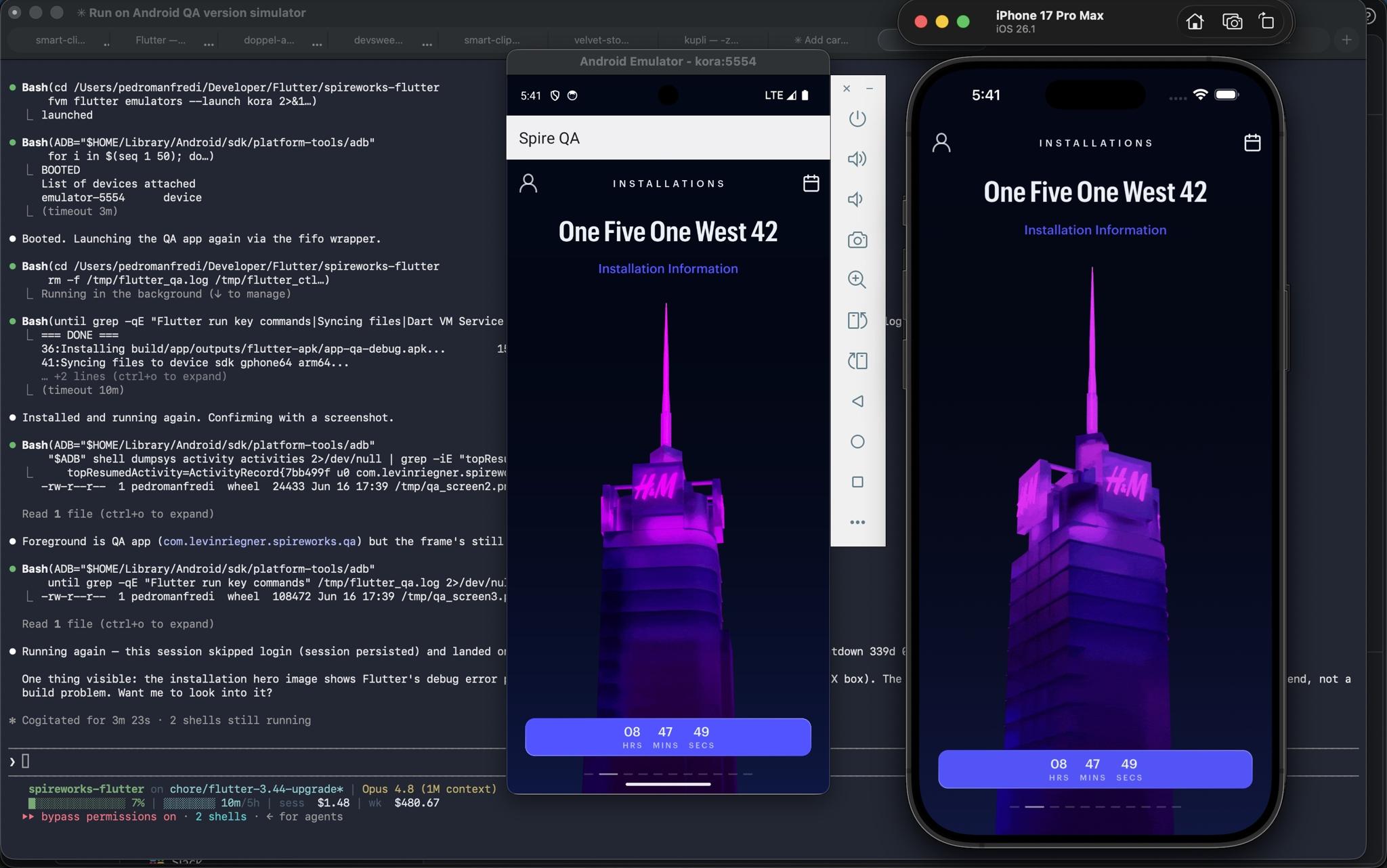 Development screen with Android and iPhone simulators showing the Spireworks app
