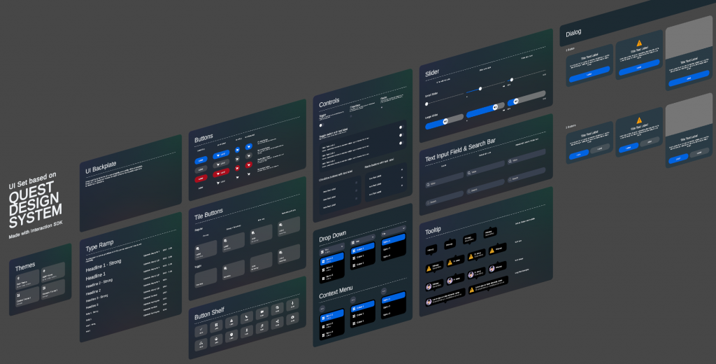 Quest design system UI panels displayed in perspective