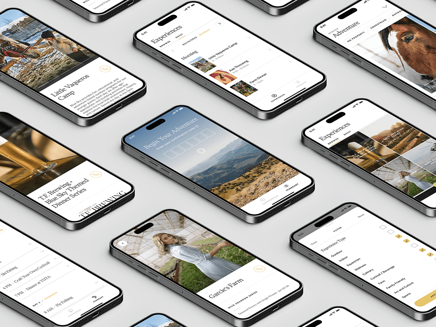 Grid of smartphones displaying adventure travel app screens