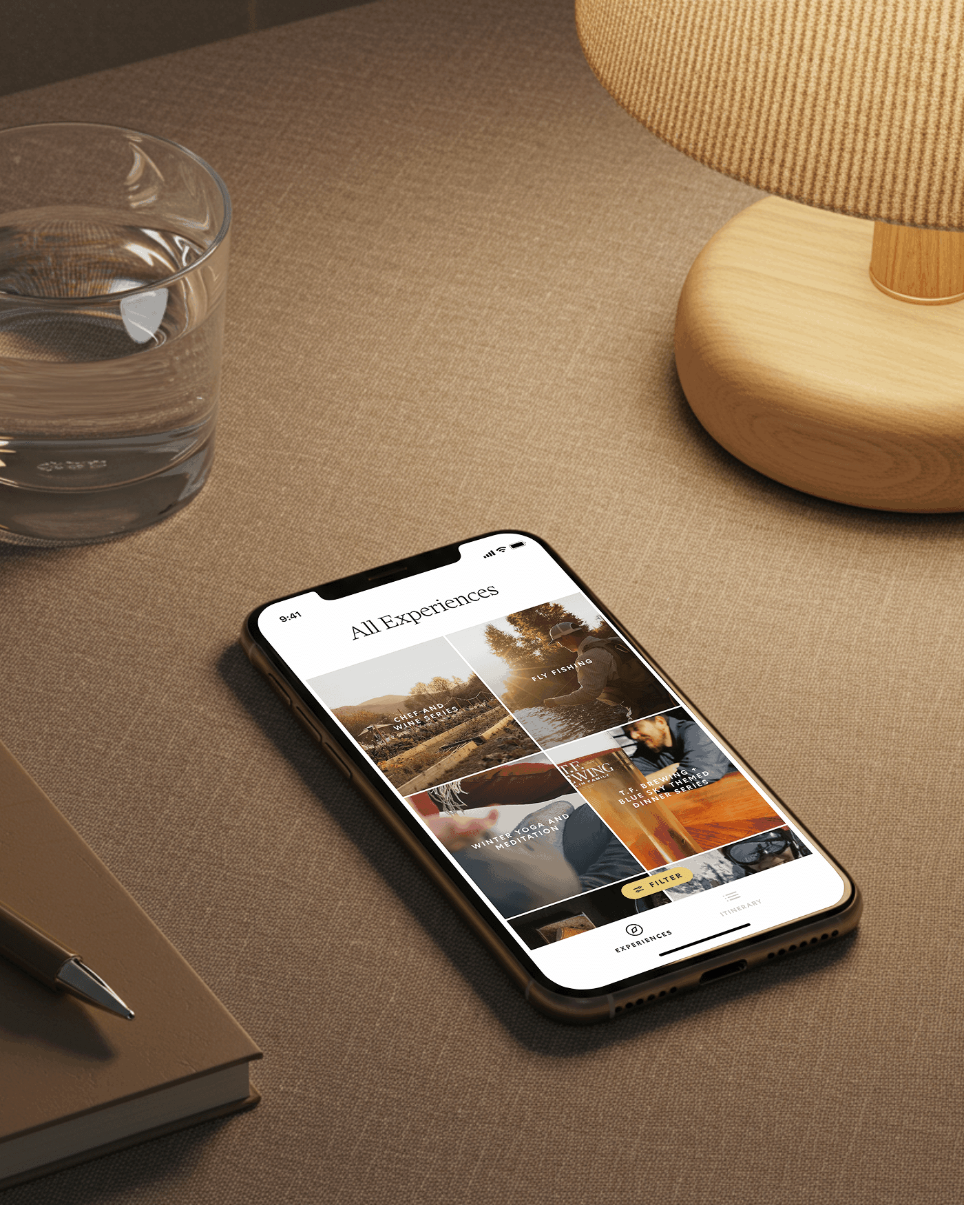 Smartphone on a table showing an All Experiences app screen