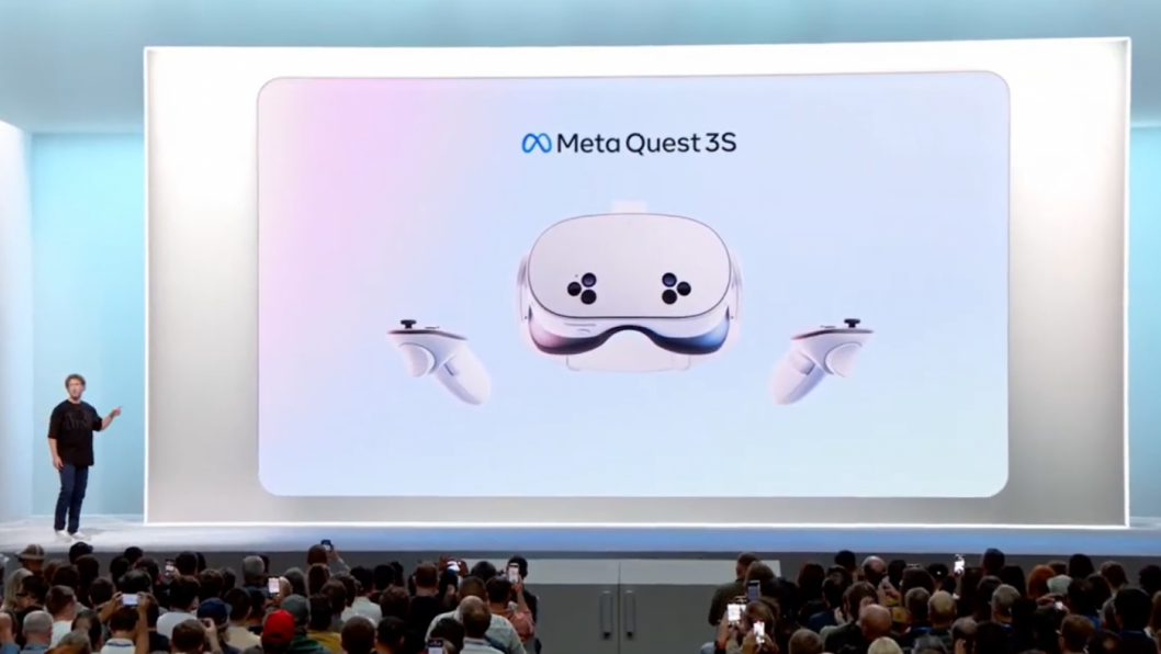 Meta Quest 3S headset and controllers shown on a keynote presentation screen