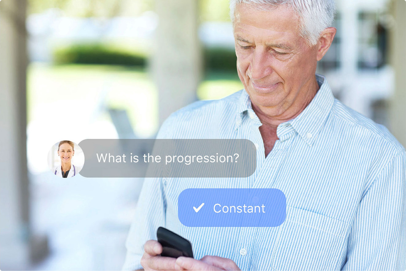 Older man using a smartphone with health chatbot messages about progression and constant symptoms